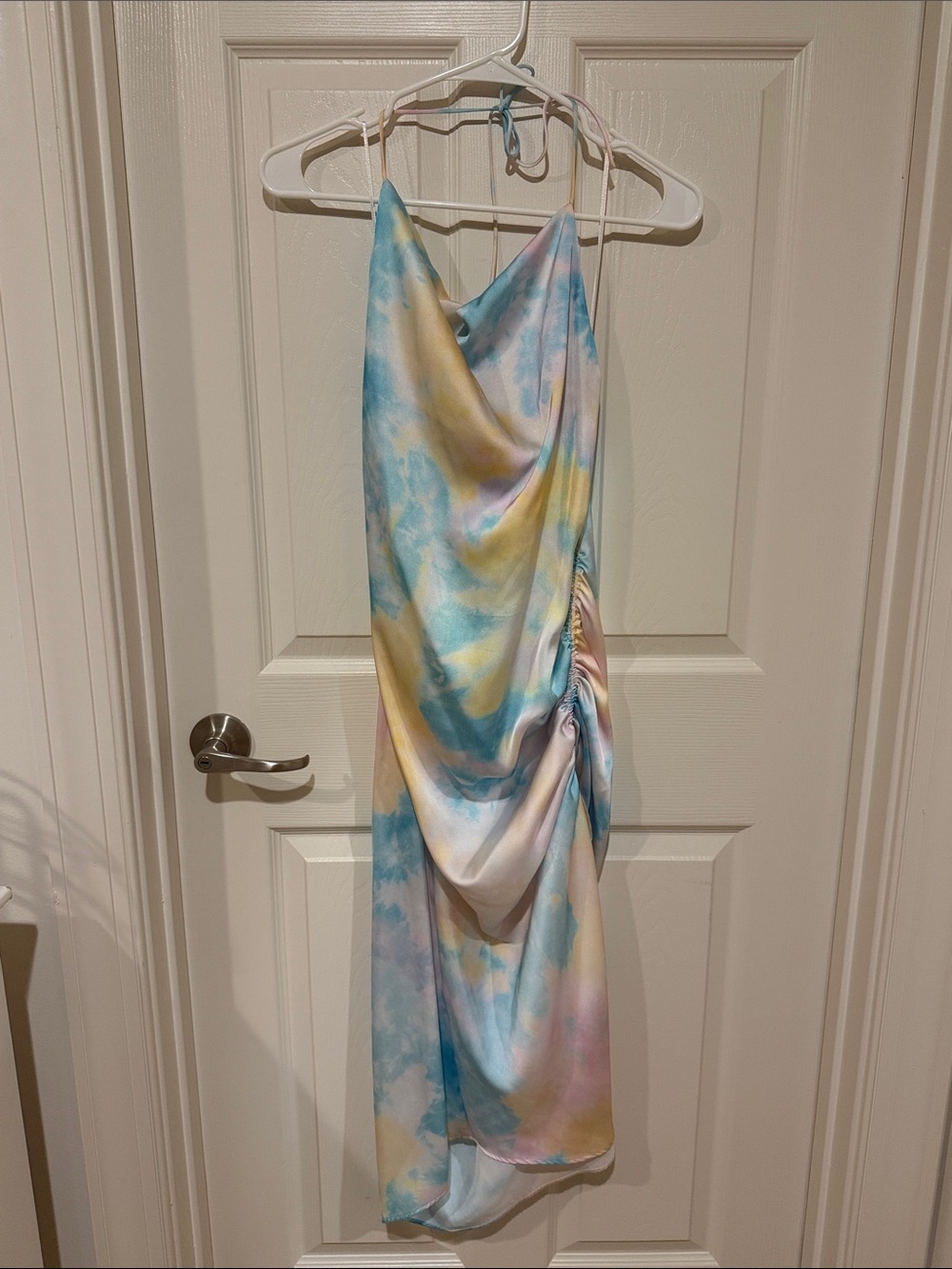 Zara Pastel Tie-Dye Satin Cowl Midi Dress in Blue & Yellow